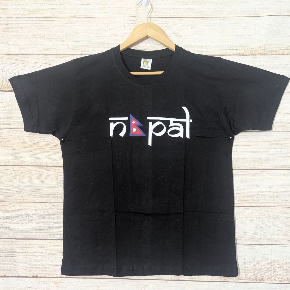 Unisex Size 42 Black 100%Cotton Top "Nepal" Print  T-shirt With Nepal Flag